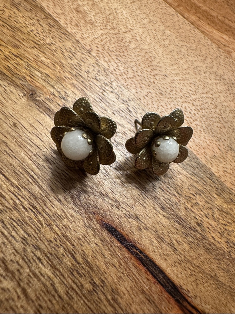 Gold Flower Stud Earrings with White Center Bead